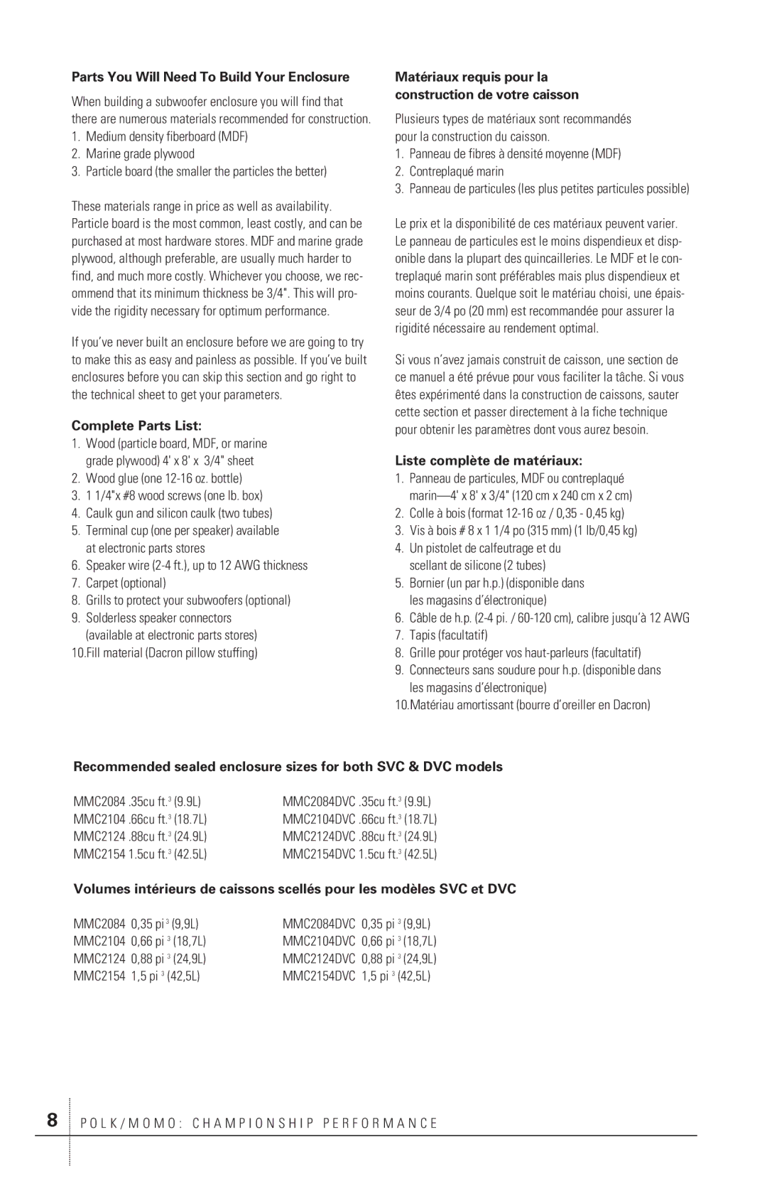 Polk Audio MM2124DVC, MM2104 Parts You Will Need To Build Your Enclosure, Complete Parts List, Liste complète de matériaux 