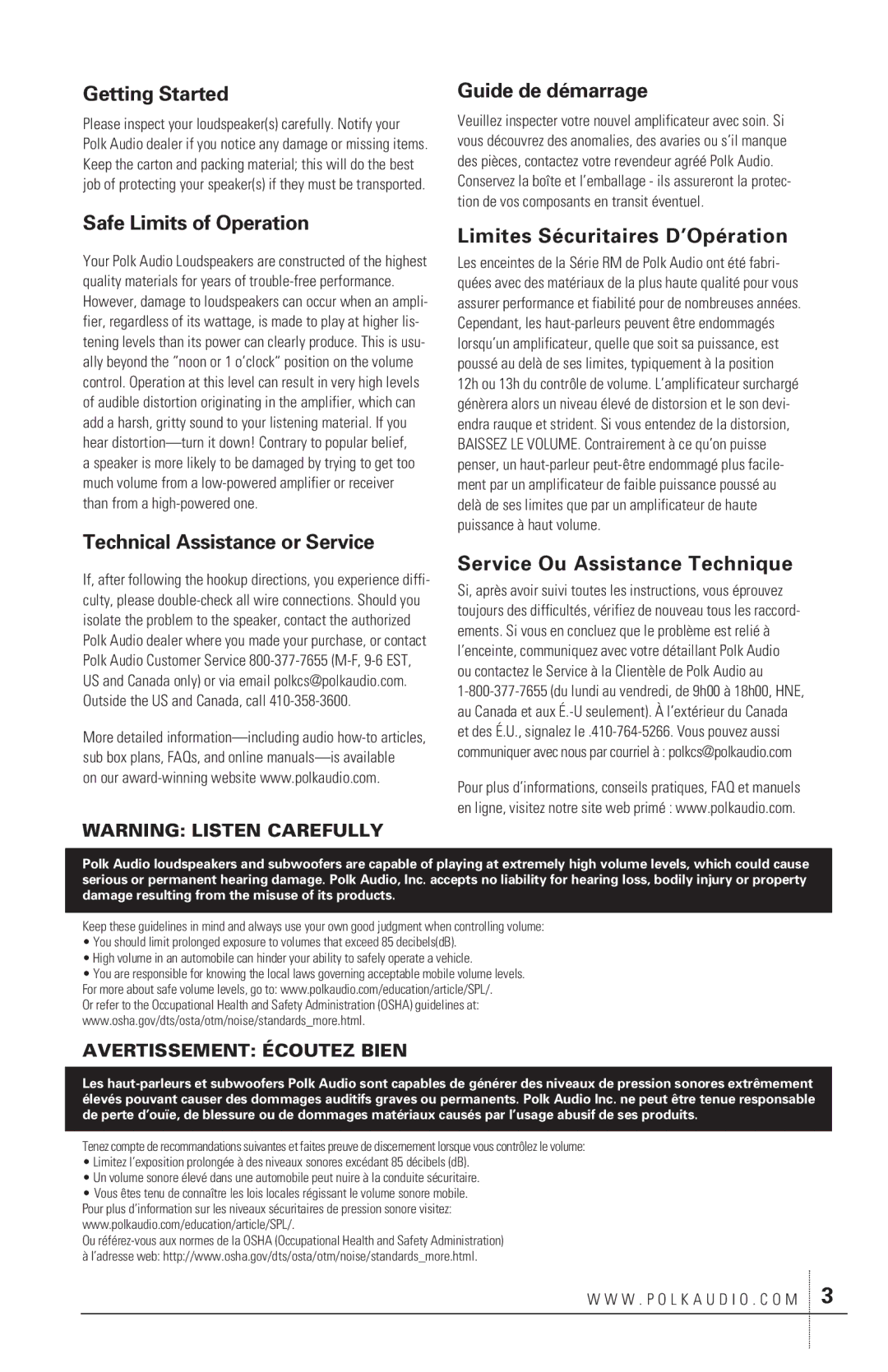 Polk Audio MMC410 Getting Started, Safe Limits of Operation, Technical Assistance or Service, Guide de démarrage 