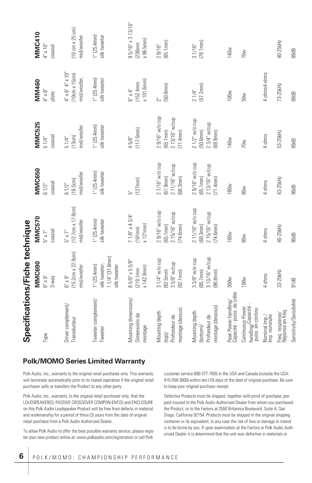 Polk Audio MMC410 owner manual Specifications/Fichetechnique, Polk/MOMO Series Limited Warranty 