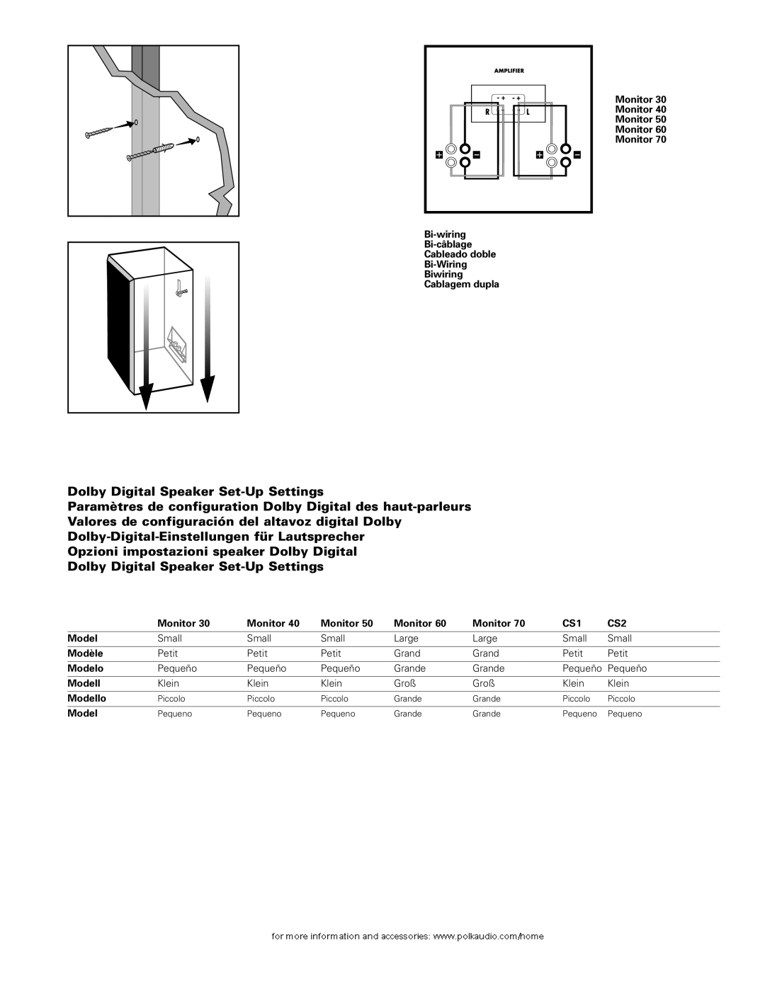 Polk Audio Monitor 50, MONITOR 30, Monitor 60, Monitor 70, AM7092-A, AM6092-A, AM5095-A, AM7095-A, MONITOR 40, AM5092-A CS1 CS2 