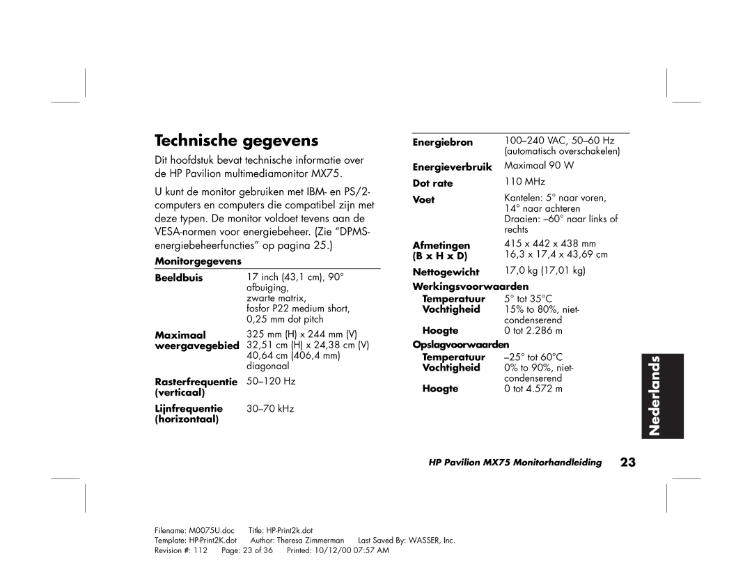 Polk Audio MX75 manual Technische gegevens, Energiebeheerfuncties op pagina 