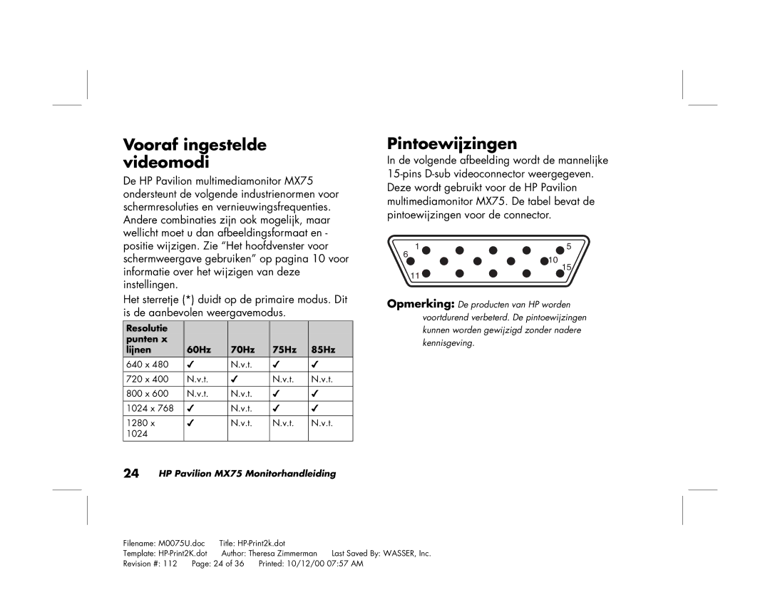 Polk Audio MX75 manual Vooraf ingestelde videomodi, Pintoewijzingen 