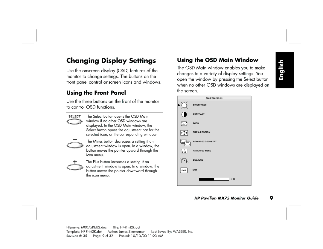 Polk Audio MX75 manual Changing Display Settings, Using the Front Panel, Using the OSD Main Window 