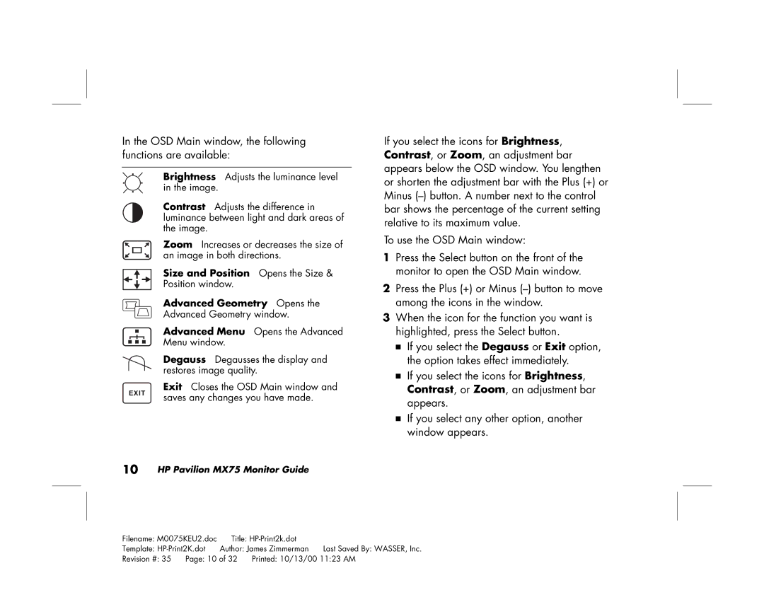 Polk Audio MX75 manual OSD Main window, the following functions are available 