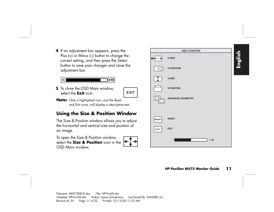 Polk Audio MX75 manual Using the Size & Position Window 