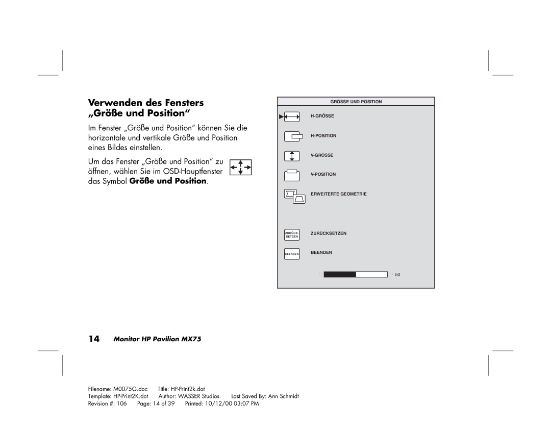 Polk Audio MX75 manual Verwenden des Fensters „Größe und Position 