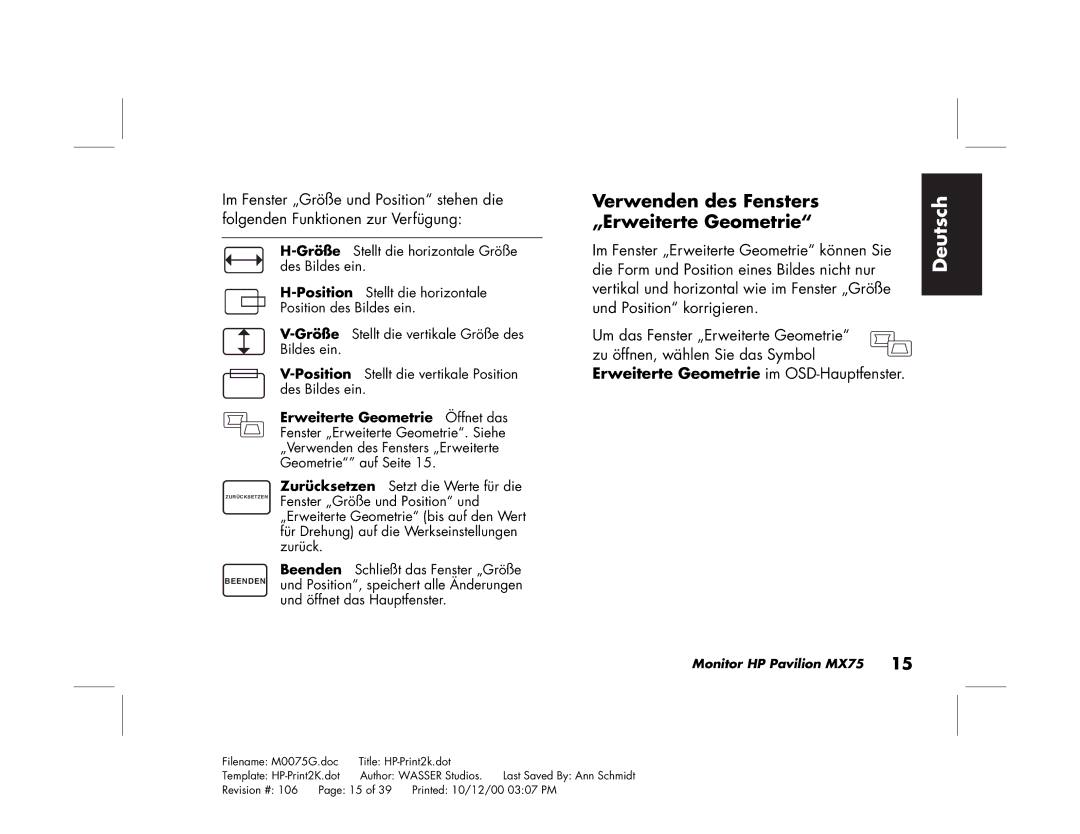 Polk Audio MX75 manual Verwenden des Fensters, „Erweiterte Geometrie 