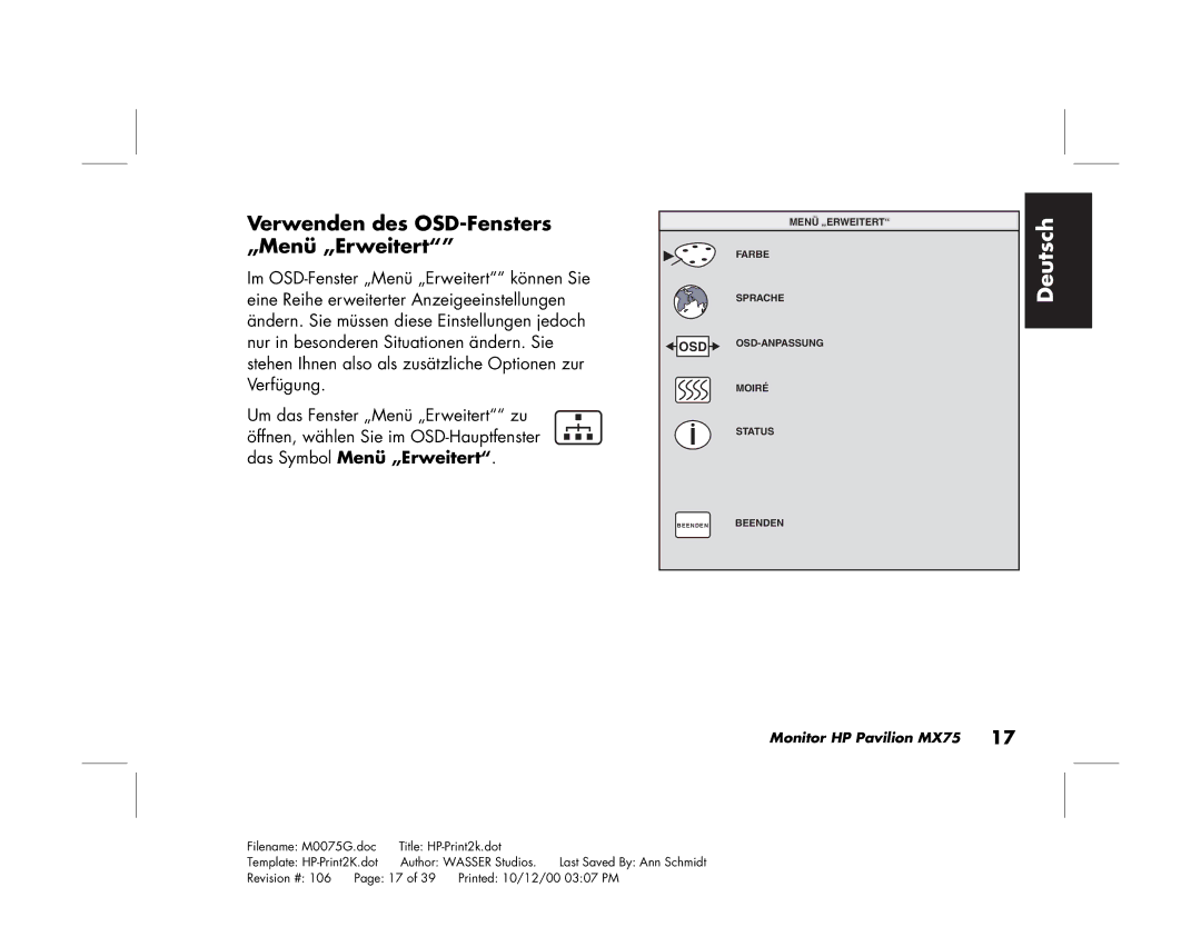 Polk Audio MX75 manual Verwenden des OSD-Fensters „Menü „Erweitert 