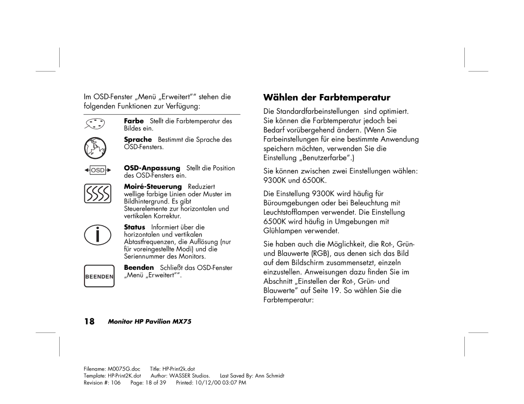 Polk Audio MX75 manual Wählen der Farbtemperatur 