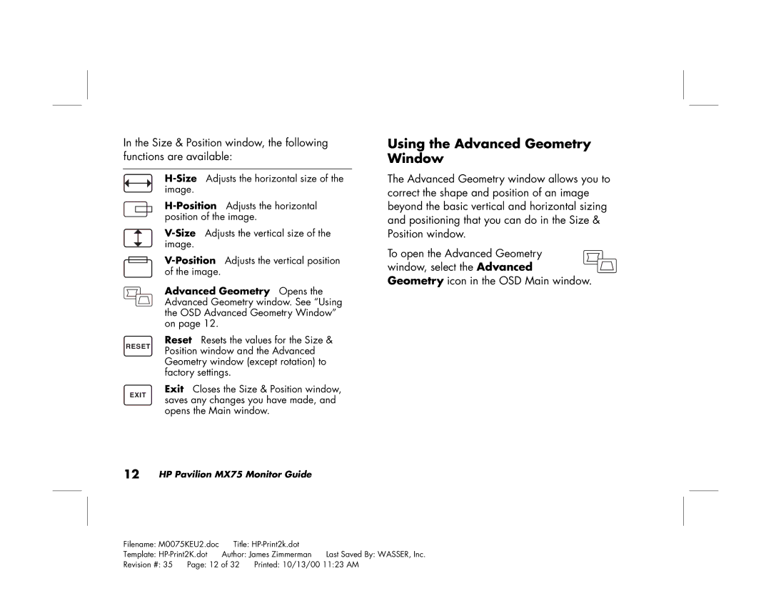 Polk Audio MX75 manual Using the Advanced Geometry Window 