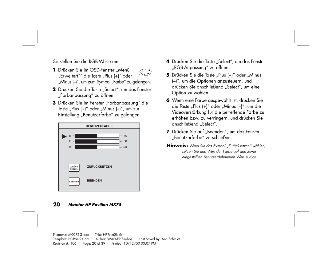 Polk Audio MX75 manual Benutzerfarbe ZURÜCK- Zurücksetzen 