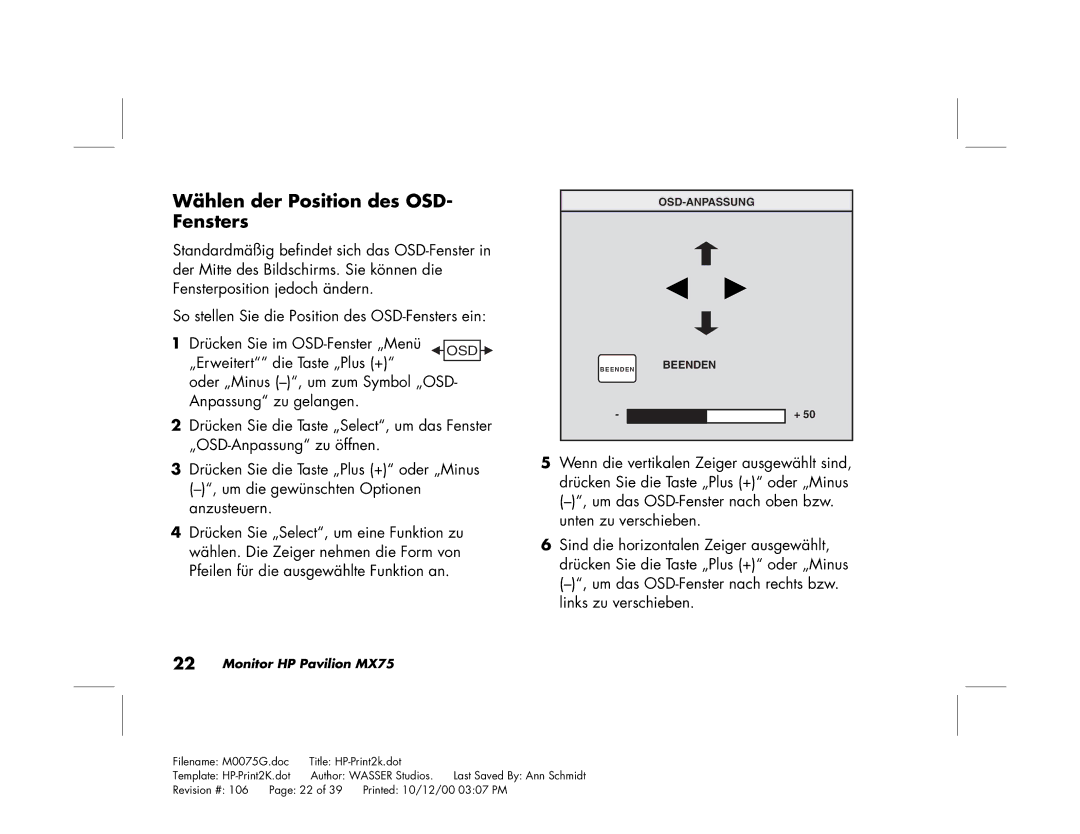 Polk Audio MX75 manual Wählen der Position des OSD- Fensters, Links zu verschieben 