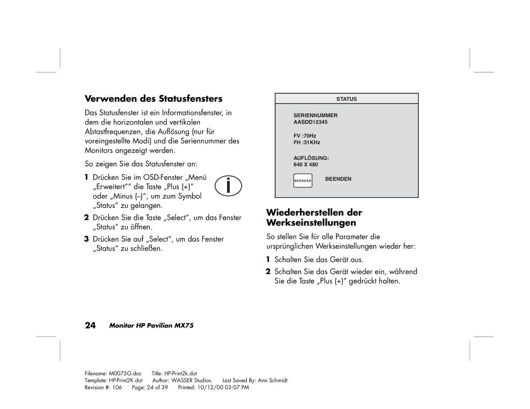 Polk Audio MX75 manual Verwenden des Statusfensters, Wiederherstellen der Werkseinstellungen 