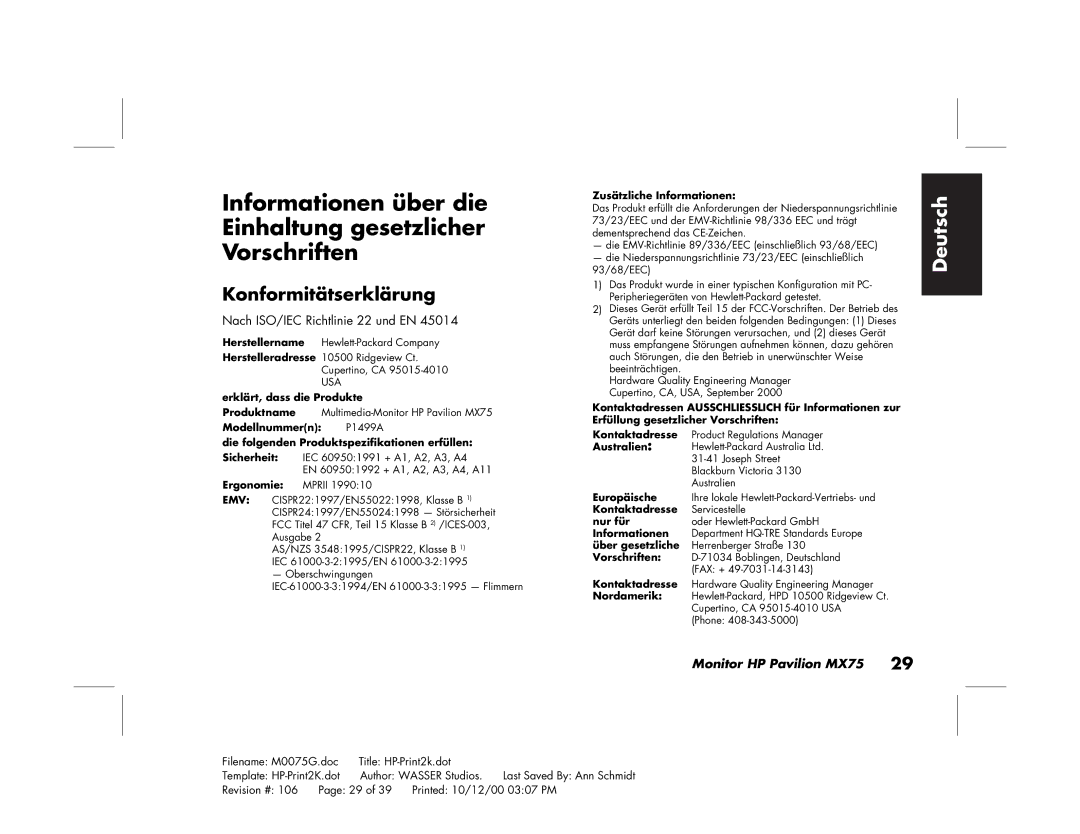 Polk Audio MX75 manual Informationen über die Einhaltung gesetzlicher Vorschriften, Konformitätserklärung 