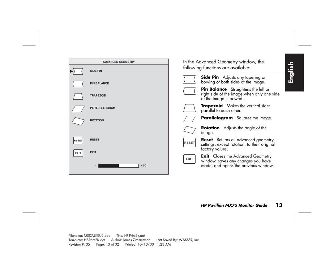 Polk Audio MX75 manual Reset Reset Exit Exit 