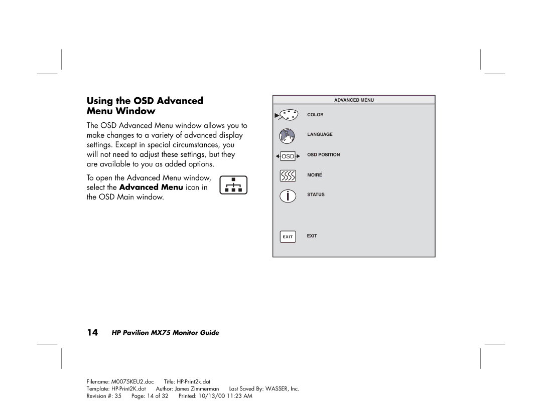 Polk Audio MX75 manual Using the OSD Advanced Menu Window 