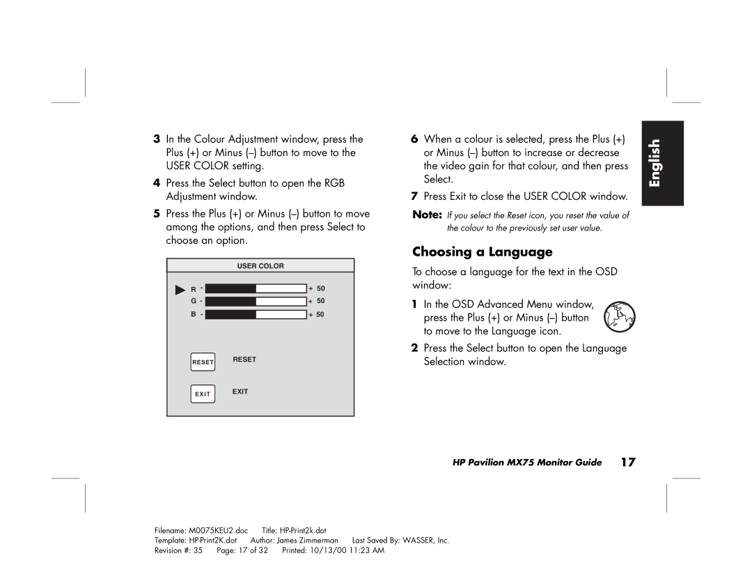 Polk Audio MX75 Choosing a Language, When a colour is selected, press the Plus +, Or Minus button to increase or decrease 