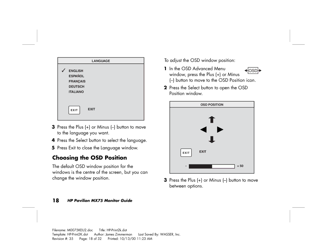 Polk Audio MX75 manual Choosing the OSD Position, To adjust the OSD window position OSD Advanced Menu 