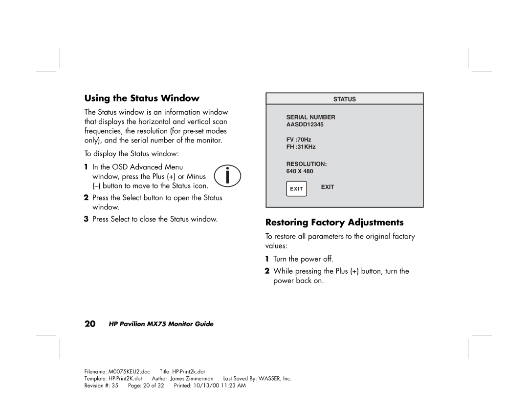 Polk Audio MX75 manual Using the Status Window, Restoring Factory Adjustments 