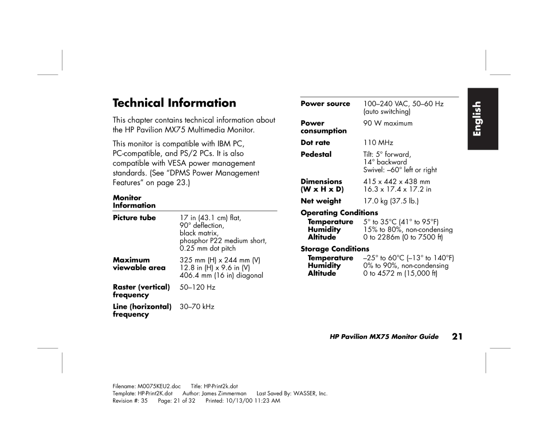 Polk Audio MX75 manual Technical Information, To 4572 m 15,000 ft 