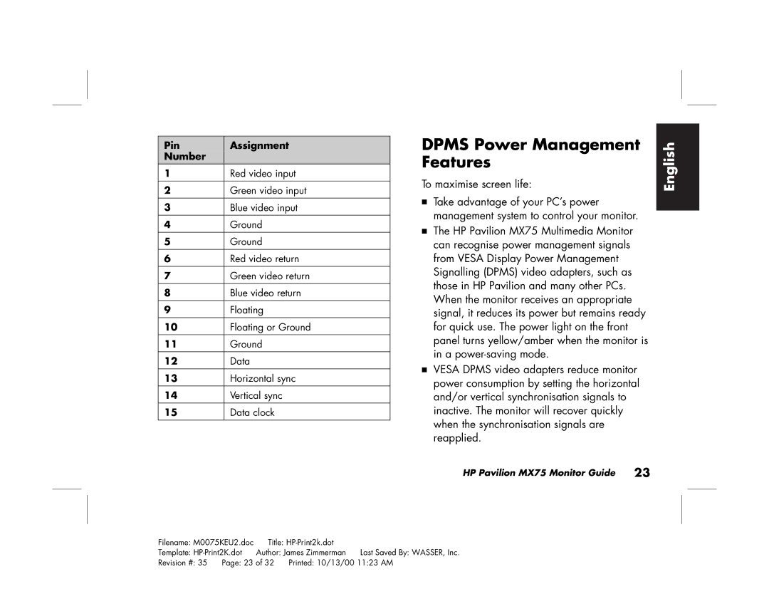 Polk Audio MX75 manual Dpms Power Management Features, To maximise screen life 