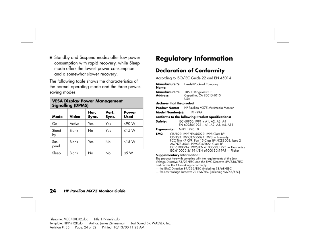 Polk Audio MX75 manual Regulatory Information, Declaration of Conformity 