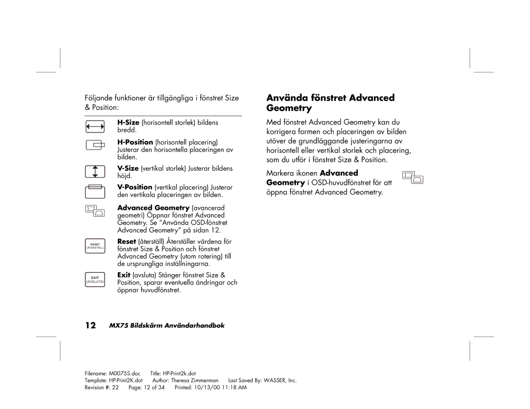 Polk Audio manual Använda fönstret Advanced Geometry, 12 MX75 Bildskärm Användarhandbok 