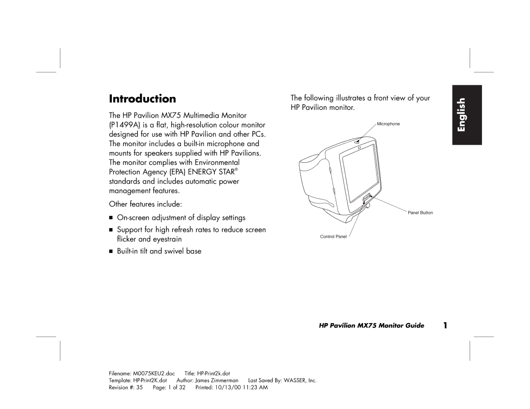 Polk Audio MX75 manual Introduction, HP Pavilion monitor 