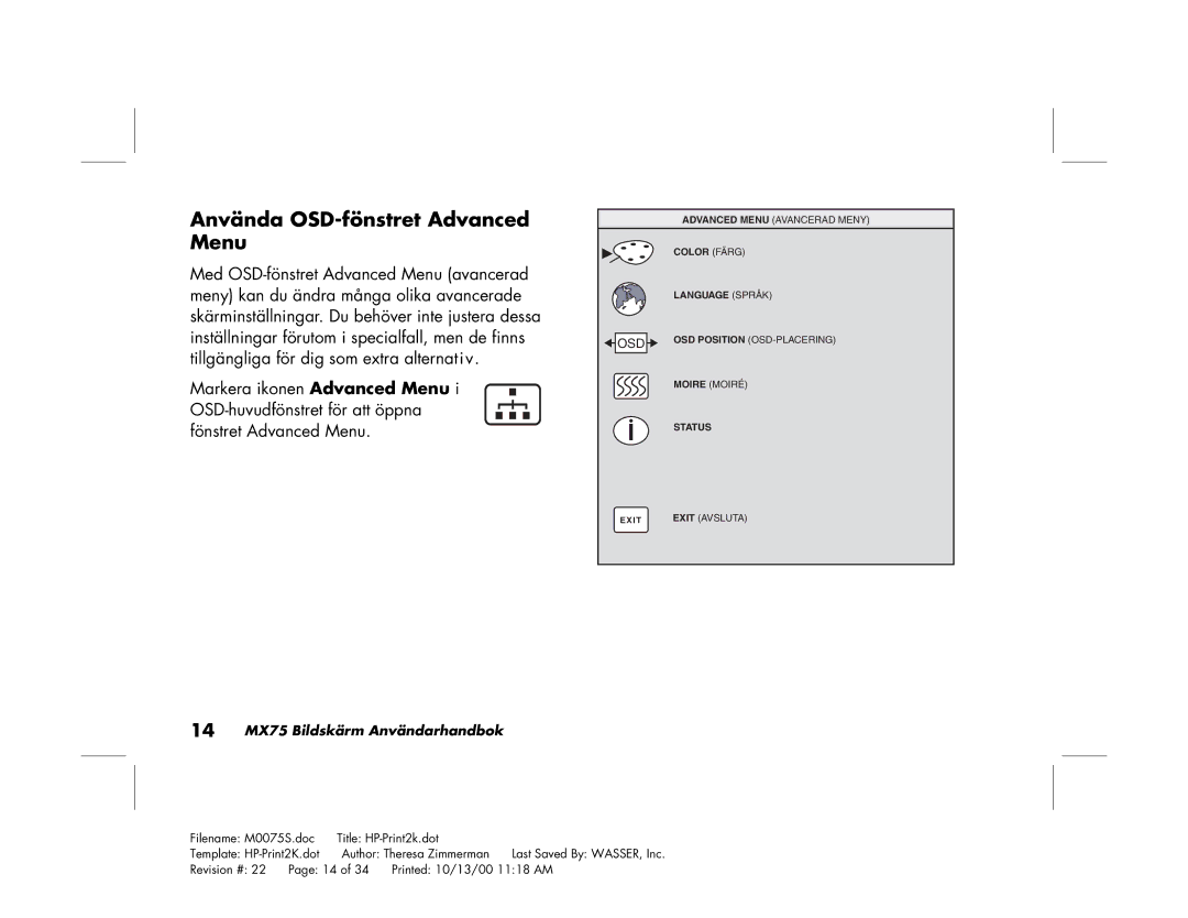 Polk Audio manual Använda OSD-fönstret Advanced Menu, 14 MX75 Bildskärm Användarhandbok 