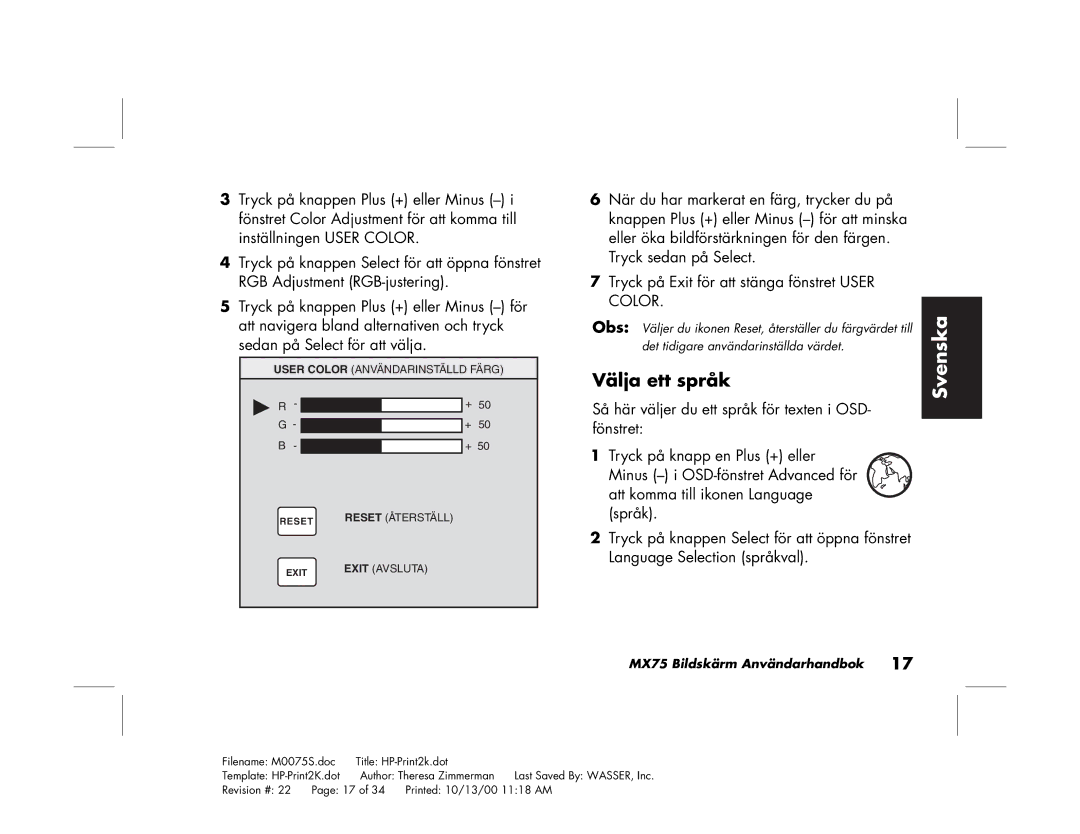 Polk Audio MX75 manual Välja ett språk, Obs 