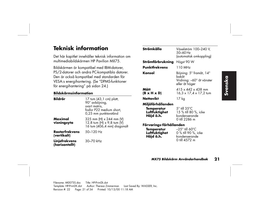 Polk Audio MX75 manual Teknisk information 