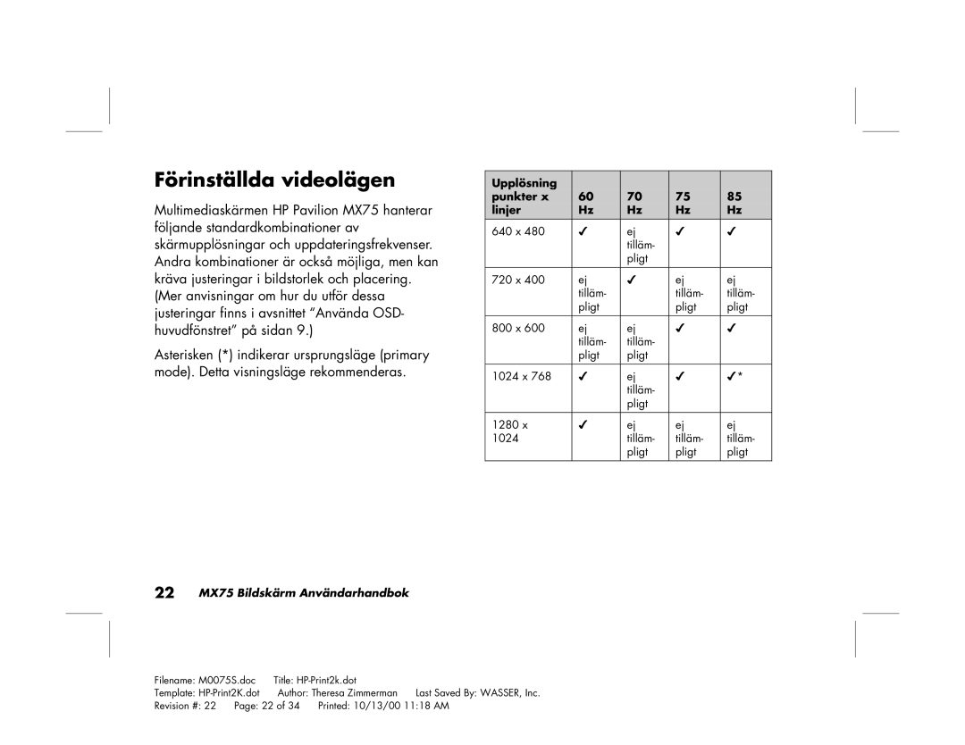 Polk Audio manual Förinställda videolägen, 22 MX75 Bildskärm Användarhandbok 