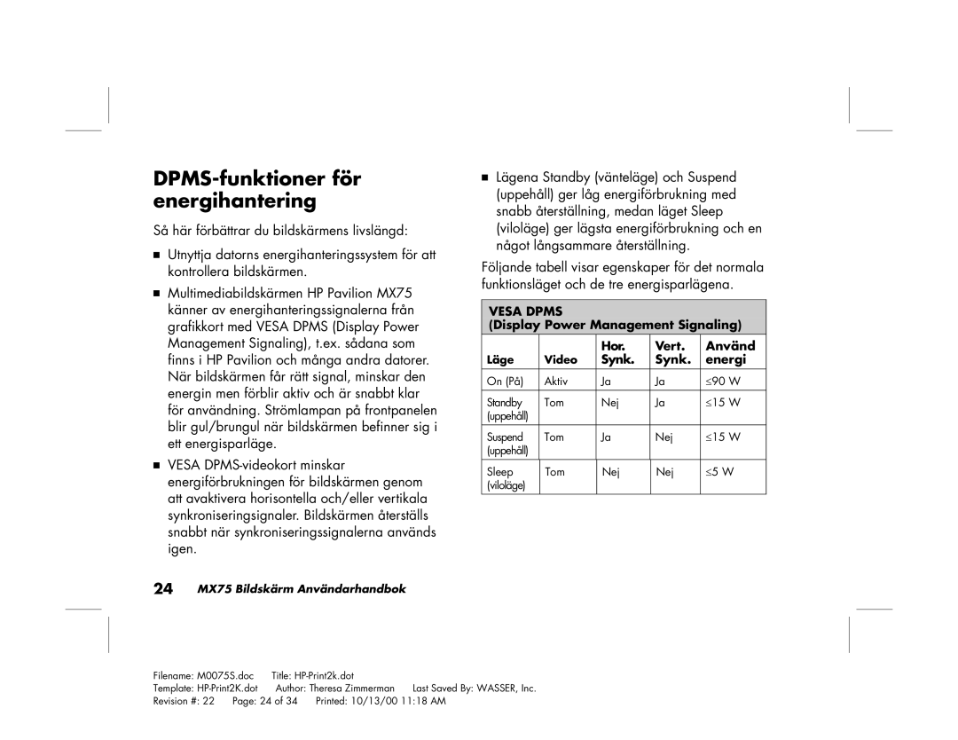 Polk Audio MX75 manual DPMS-funktioner för energihantering, Vesa Dpms 