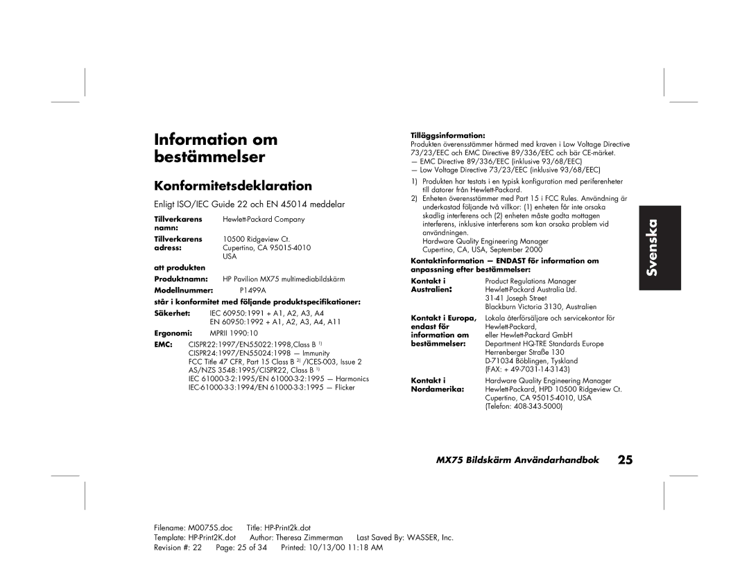 Polk Audio MX75 manual Information om bestämmelser, Konformitetsdeklaration 