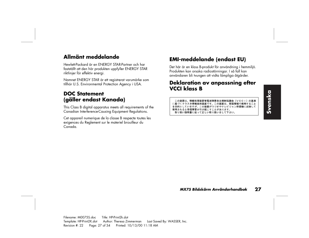 Polk Audio MX75 manual Allmänt meddelande, DOC Statement Gäller endast Kanada, EMI-meddelande endast EU 