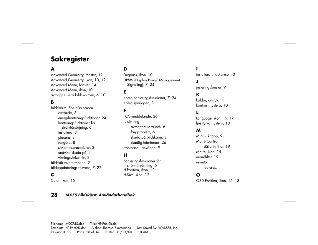 Polk Audio manual Sakregister, 28 MX75 Bildskärm Användarhandbok 