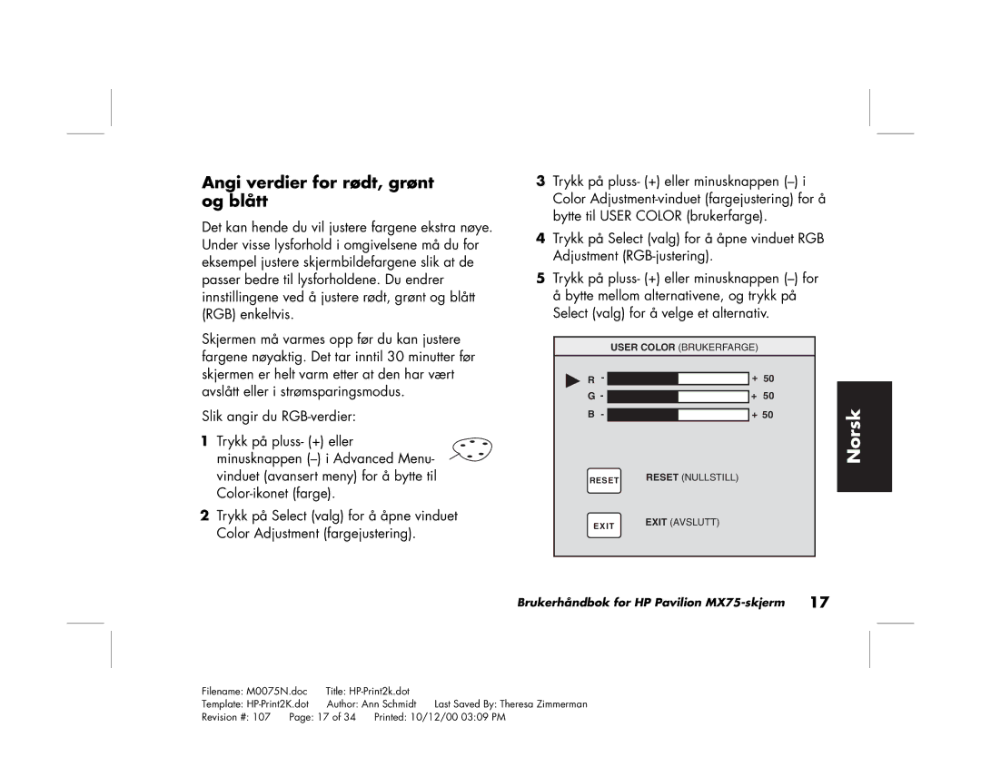 Polk Audio MX75 manual Angi verdier for rødt, grønt og blått 