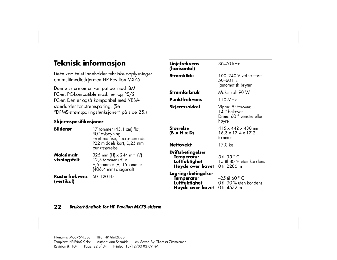 Polk Audio MX75 manual Teknisk informasjon, Skjermspesifikasjoner Bilderør 