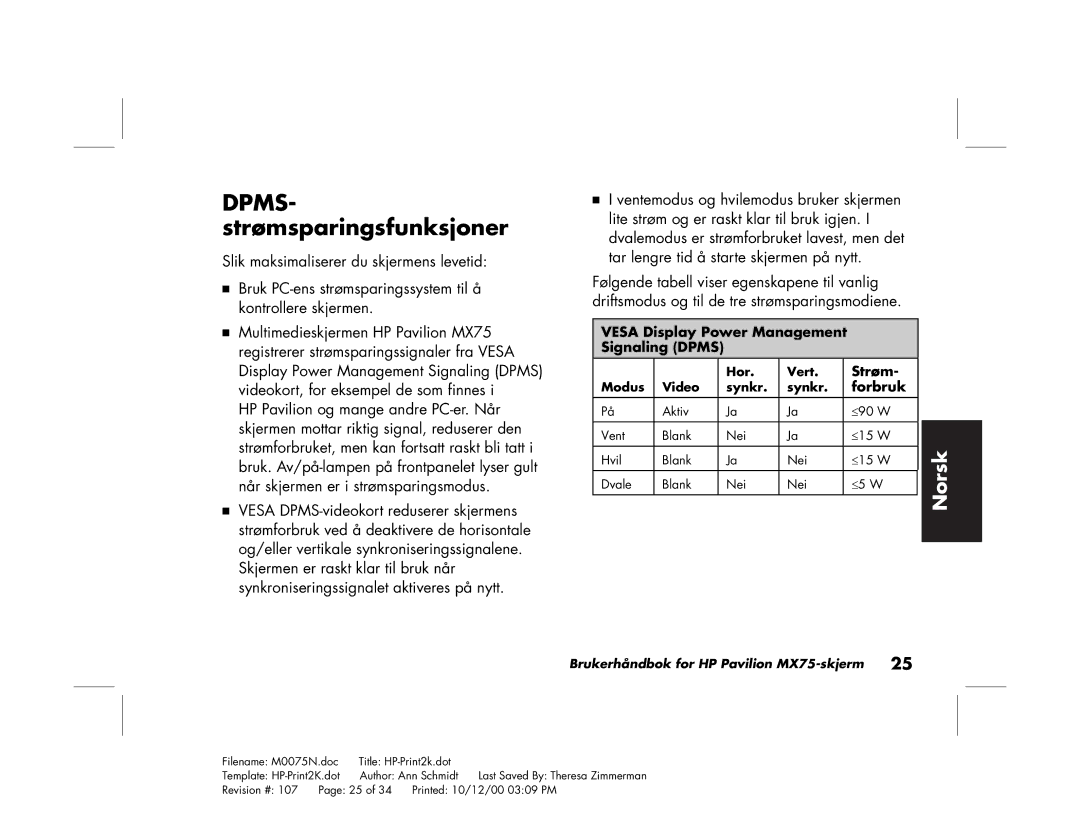 Polk Audio MX75 manual Dpms, Strømsparingsfunksjoner 