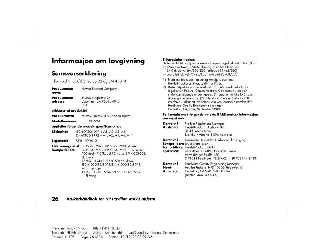 Polk Audio MX75 manual Informasjon om lovgivning, Samsvarserklæring 