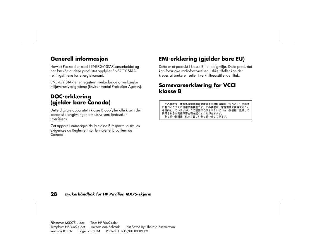 Polk Audio MX75 manual Generell informasjon, DOC-erklæring gjelder bare Canada, EMI-erklæring gjelder bare EU 