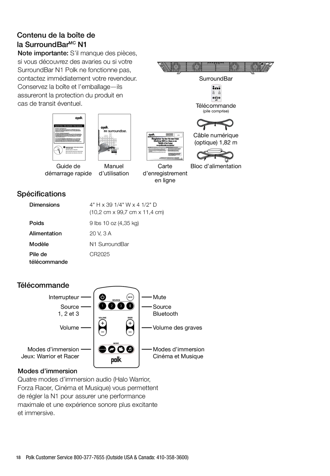 Polk Audio manual Contenu de la boîte de la SurroundBarMC N1, Spécifications, Télécommande 