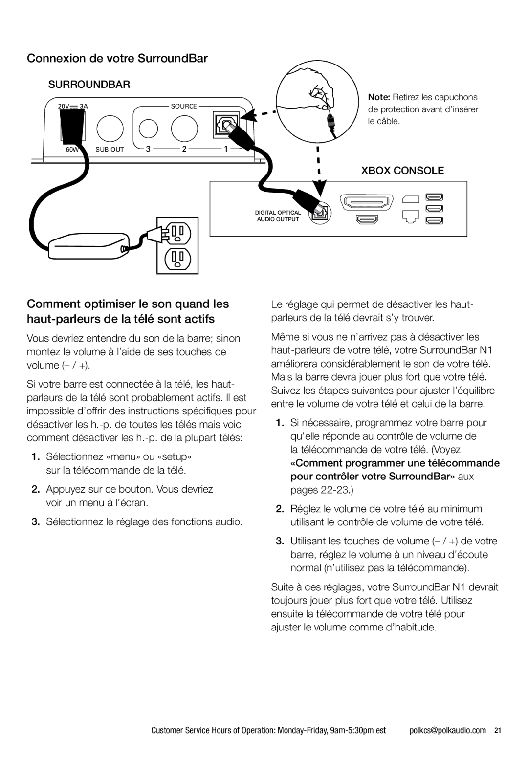 Polk Audio N1 manual Connexion de votre SurroundBar 