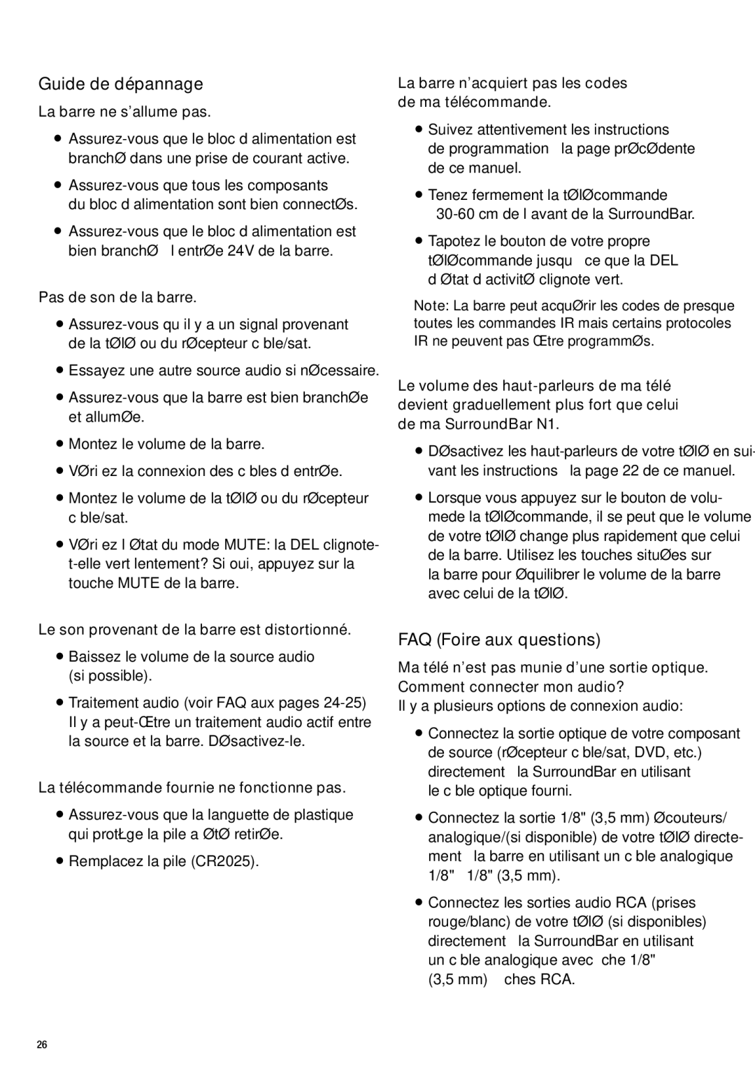 Polk Audio N1 manual Guide de dépannage, FAQ Foire aux questions, La barre ne s’allume pas, Pas de son de la barre 