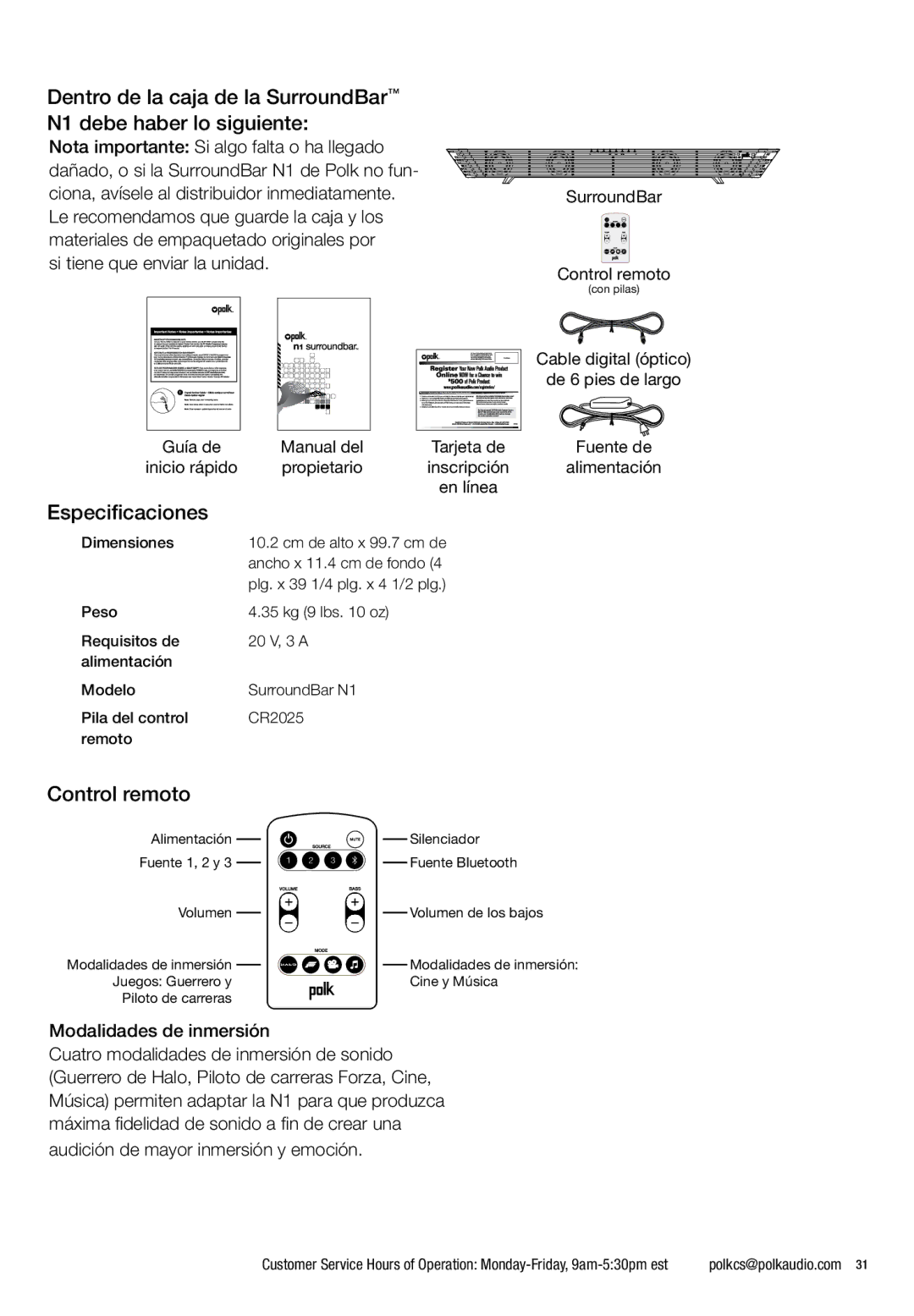 Polk Audio N1 manual Especificaciones, Control remoto, Manual del, Propietario 