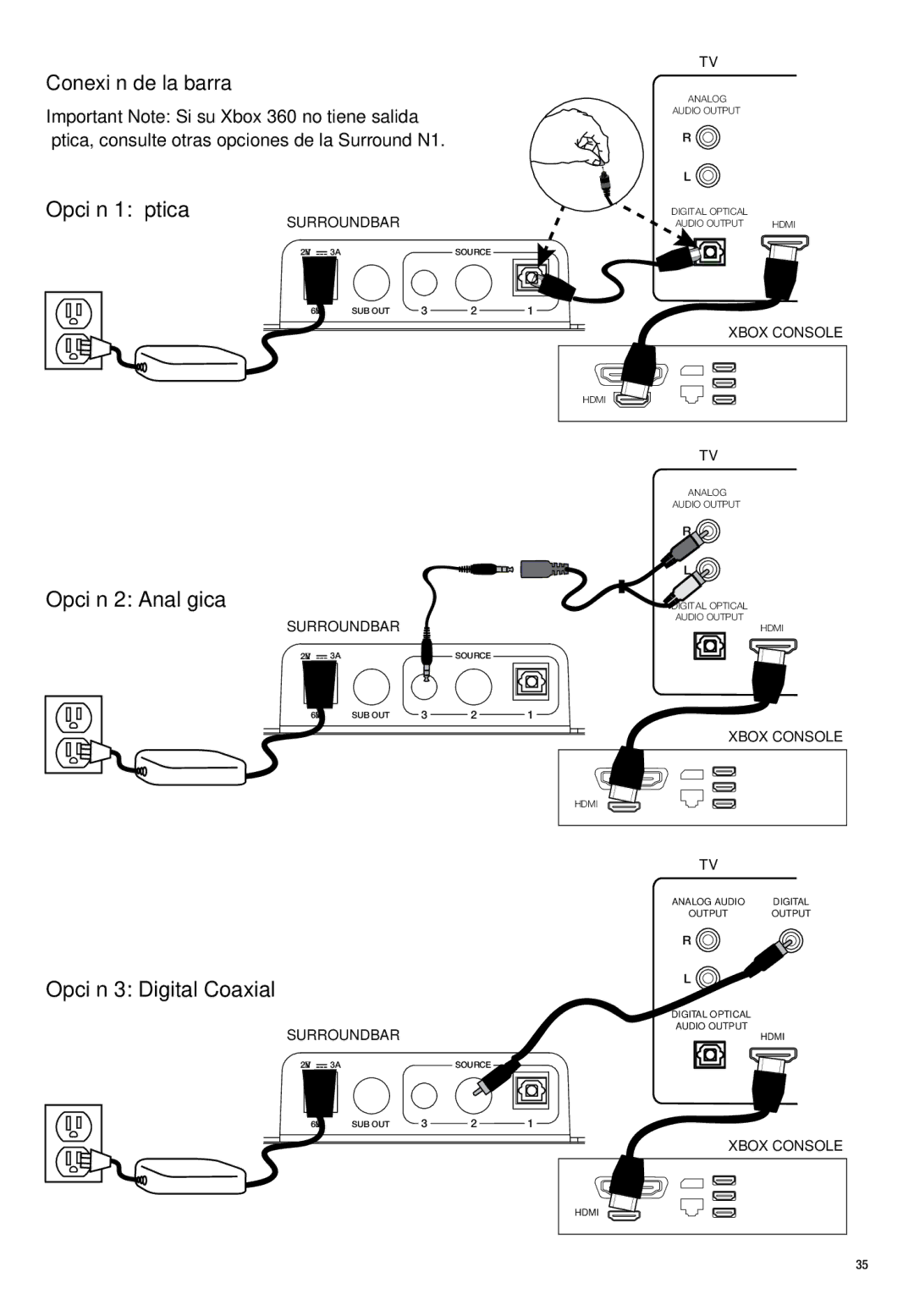 Polk Audio N1 manual Conexión de la barra, Opción 1 Óptica, Opción 2 Analógica, Opción 3 Digital Coaxial 