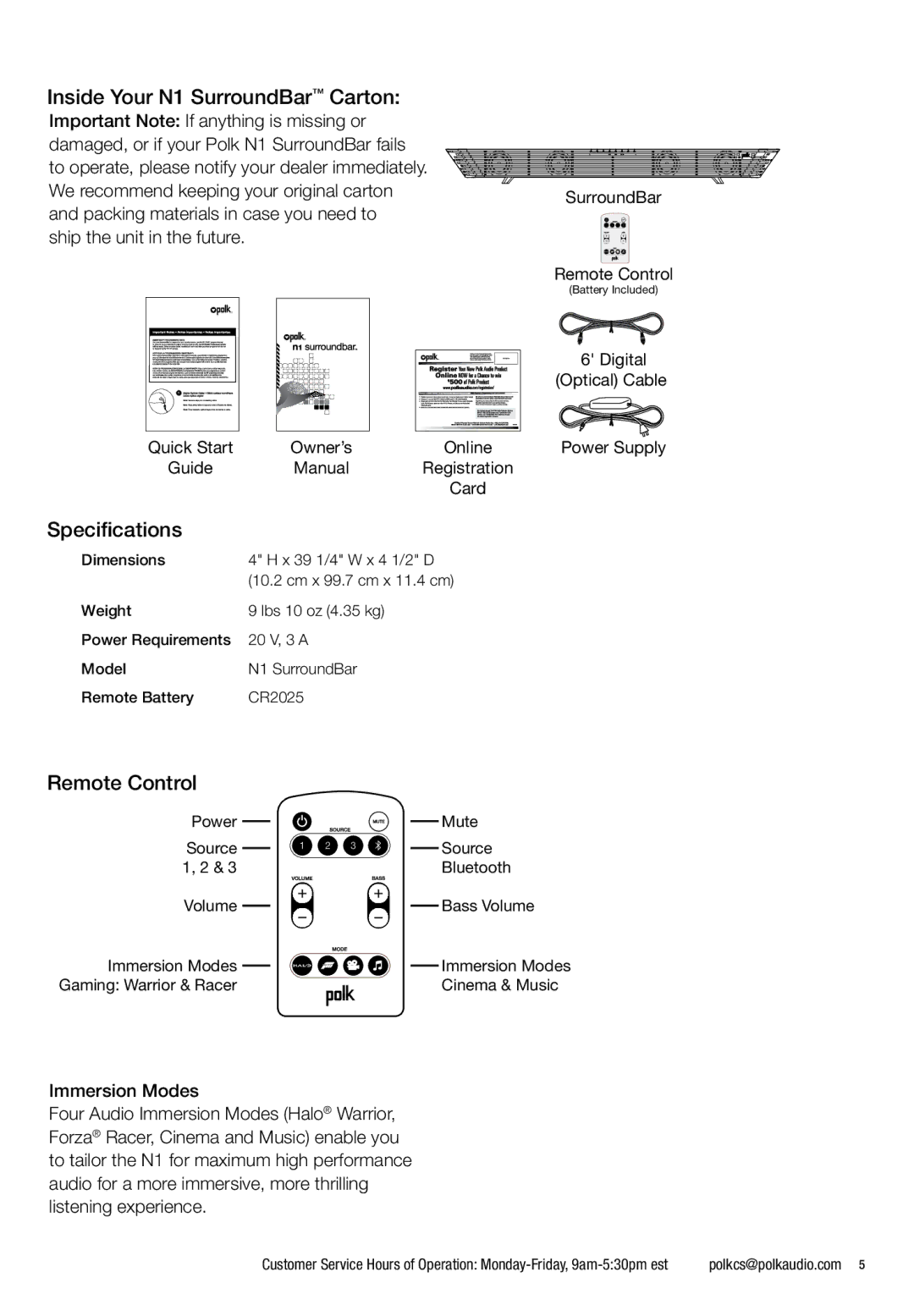 Polk Audio manual Inside Your N1 SurroundBar Carton, Specifications, SurroundBar Remote Control 