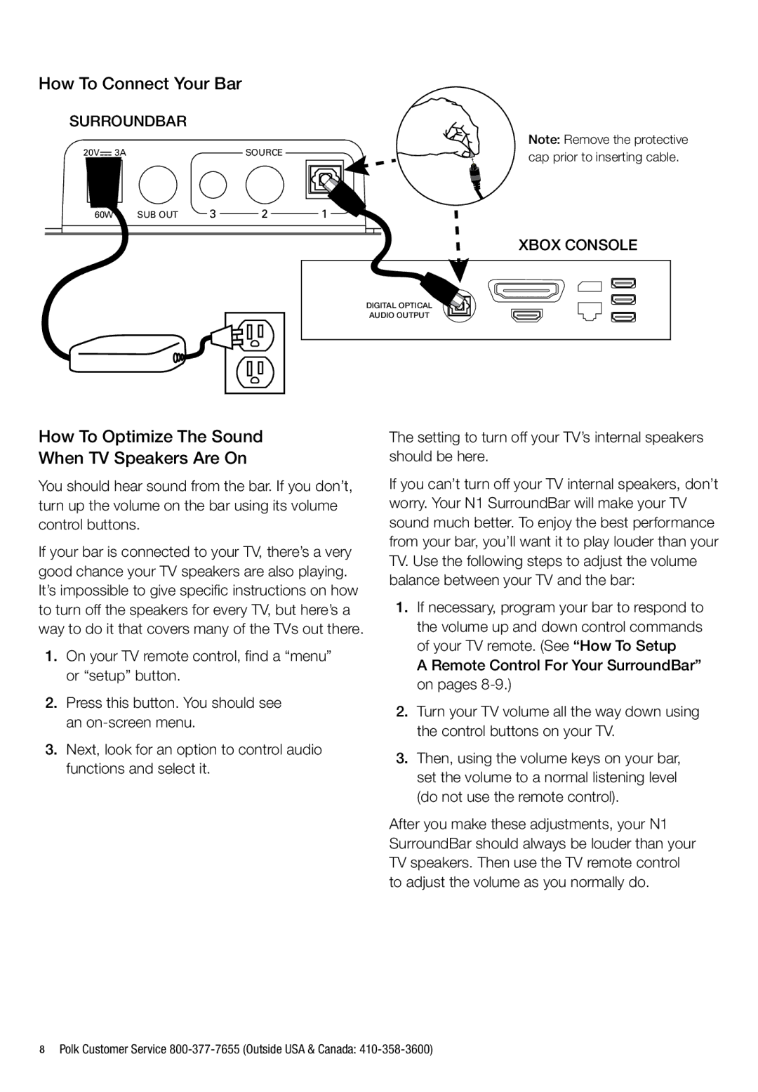 Polk Audio N1 manual How To Connect Your Bar, How To Optimize The Sound When TV Speakers Are On 