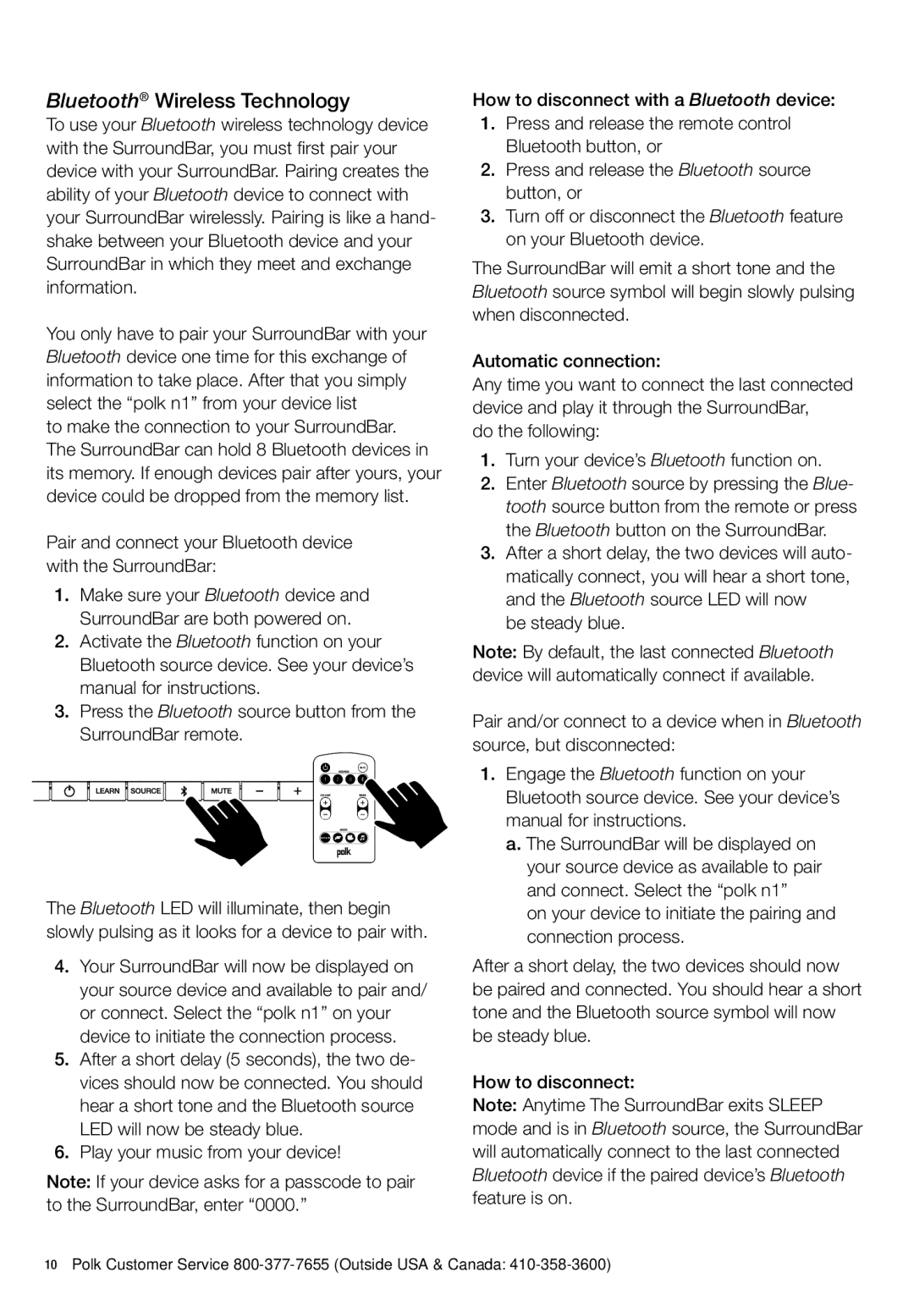 Polk Audio N1 manual Bluetooth Wireless Technology, Pair and connect your Bluetooth device with the SurroundBar 