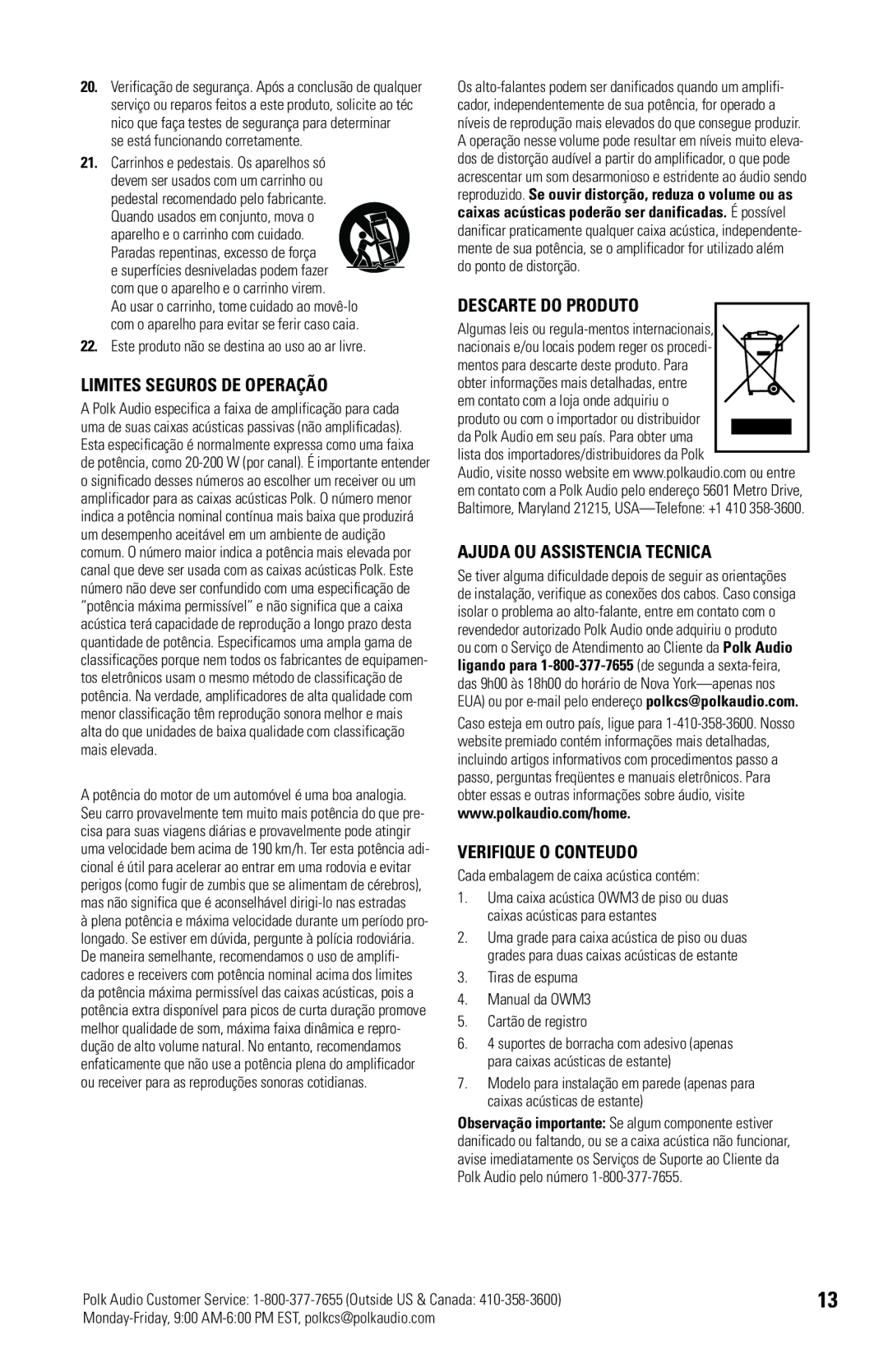 Polk Audio OWM3 Limites Seguros DE Operação, Descarte do Produto, Ajuda OU Assistencia Tecnica, Verifique O Conteudo 